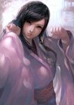  black_hair breasts cherry_blossoms clenched_hand clenched_hands dead_or_alive grey_eyes hair_ornament japanese_clothes kimono kokoro_(doa) large_breasts lips long_hair looking_at_viewer looking_to_the_side nose obi outdoors petals realistic sash solo upper_body waymay 