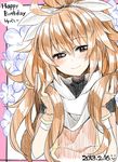  blush brown_hair dated flower happy_birthday kaida_michi long_hair looking_at_viewer original smile solo 