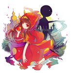  apple bad_id bad_pixiv_id boots brown_hair castle cosplay deemo deemo_(character) expressionless fable_(deemo) food fruit girl_(deemo) grimm's_fairy_tales hood little_red_riding_hood little_red_riding_hood_(grimm) little_red_riding_hood_(grimm)_(cosplay) looking_at_viewer song_name yeonie 