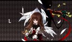  back-to-back bow brown_hair commentary_request cropped_jacket deemo deemo_(character) girl_(deemo) instrument lestored_cro long_sleeves looking_at_viewer puffy_sleeves smile violin wings 