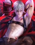  armpits arms_behind_head banned_artist blue_eyes coat dante_(devil_may_cry) devil_may_cry looking_at_viewer male_focus navel open_clothes open_coat petals red red_coat sakimichan single_bare_shoulder smile solo unzipped upper_body watermark web_address white_hair 