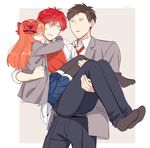  2boys artist_name bad_id bad_pixiv_id black_legwear blush bow brown_hair carrying commentary gekkan_shoujo_nozaki-kun hair_bow long_hair mery_(apfl0515) mikoshiba_mikoto multiple_boys no_shoes nozaki_umetarou open_mouth orange_hair polka_dot polka_dot_bow princess_carry red_bow red_eyes rouman_academy_uniform sakura_chiyo school_uniform short_hair sweatdrop thighhighs zettai_ryouiki 