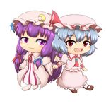  blue_hair blue_ribbon bow brooch chibi crescent hair_ribbon hat hat_bow holding_hands jewelry long_hair multiple_girls open_mouth pajamas patchouli_knowledge pillow_hat purple_eyes purple_hair red_bow red_eyes red_ribbon remilia_scarlet renboruto ribbon short_hair simple_background touhou white_background wrist_cuffs 