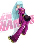  ass bent_over blue_hair blush bodysuit boots breasts candy chaps character_name copyright_name cropped_jacket female gloves hime_cut king_of_fighters kula_diamond leaning leaning_forward lollipop long_hair looking_at_viewer maou_alba mouth_hold purple_eyes shadow sideboob smile solo 