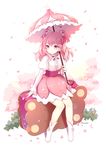  artist_name bad_id bad_pixiv_id cherry_blossom_cookie cherry_blossoms cookie_run flower hair_flower hair_ornament long_hair long_sleeves millgua parasol personification petals pink_eyes pink_hair pink_skirt pink_umbrella puffy_sleeves sitting skirt smile solo two_side_up umbrella 