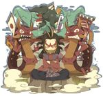  banner brown_hair crossed_arms dragon frown gekidragon grass green_hair hakama horns indian_style japanese_clothes kataginu looking_at_viewer looking_to_the_side monster_boy open_mouth orochi_(youkai_watch) sharp_teeth sitting smoke teeth ticktack_chicken tsuchigumo_(youkai_watch) youkai youkai_watch 