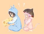  animal_ears animal_hood bad_id bad_pixiv_id barefoot black_hair bowl cat_ears cat_tail cheese closed_eyes fake_animal_ears fake_tail food fork full_body holding_another's_tail hood kijin_seija lavender_hair long_sleeves mouse_ears mouse_tail multicolored_hair multiple_girls object_on_head open_mouth orange_background pajamas profile red_eyes red_hair shinoba short_hair simple_background sitting smile spoon sukuna_shinmyoumaru tail touhou white_hair 