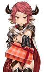  :o animal_ears animal_print armor bangs blush boots breasts cape cleavage cow_ears cow_horns cowboy_shot draph earrings foreshortening gift gloves granblue_fantasy highres horns jewelry large_breasts leopard_print peli_can red_eyes red_hair short_hair solo sturm_(granblue_fantasy) swept_bangs thigh_boots thighhighs valentine white_background 