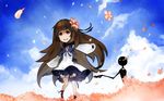  brown_hair deemo deemo_(character) dress field flower flower_field frills girl_(deemo) happy lestored_cro looking_up outstretched_arms sky smile spread_arms 