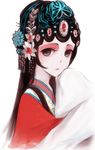  black_hair chinese_clothes deemo expressionless flower girl_(deemo) grey_eyes hair_flower hair_ornament highres hua_sui_yue_(deemo) long_hair looking_at_viewer makeup pale_skin shokujin_hatefukuchuu solo 