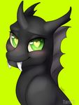  &lt;3 &lt;3_eyes 2015 ambiguous_gender blush changeling fangs feral friendship_is_magic green_eyes horn looking_at_viewer my_little_pony nummynumz plain_background smile solo 