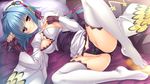  1girl areolae ass bed black_panties blue_hair blush breasts censored chouun feet fingerless_gloves footjob game_cg gloves highres hikage_eiji katagiri_hinata koihime_musou large_breasts legs lying mosaic_censoring nipple_slip nipples on_side panties penis pillow pink_eyes short_hair smile solo_focus spread_legs thighs underwear white_legwear 