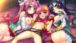  3girls areolae ass bed blue_eyes blue_hair blush breasts breasts_outside censored chouhi cum cum_on_hair facial flat_chest game_cg hand_holding highres hikage_eiji huge_breasts kan&#039;u kan'u katagiri_hinata koihime_musou large_breasts legs long_hair mosaic_censoring multiple_girls navel nipples no_panties on_side panties pink_hair purple_eyes pussy red_hair ryuubi short_hair side_ponytail skirt smile spread_legs thighs underwear yellow_eyes 