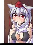  animal_ears bare_shoulders blush bra breast_suppress breasts fun_bo hat inubashiri_momiji large_breasts looking_at_viewer nervous red_eyes shirt_lift short_hair solo tokin_hat touhou turtleneck underwear upper_body wavy_mouth white_hair wolf_ears 
