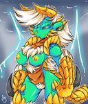  2015 anthro blue_scales breasts capcom fanged_wyvern female fur hair lightning looking_at_viewer monster_hunter nipples nude pcaduck pose solo video_games zinogre 