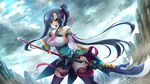  1girl bare_shoulders black_legwear blue_hair blush bouncing_breasts breasts cloud clouds fighting_stance game_cg highres hikage_eiji kan&#039;u kan'u katagiri_hinata koihime_musou large_breasts legs long_hair looking_at_viewer open_mouth serious side_ponytail skirt sky standing thighs weapon yellow_eyes 