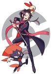  bad_id bad_pixiv_id brown_hair coat gen_3_pokemon gen_4_pokemon kashuu_kiyomitsu katana male_focus mole mole_under_mouth open_mouth plusle pokemon pokemon_(creature) ponytail ppo-p red_eyes red_scarf scarf smile sword touken_ranbu weapon weavile 