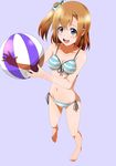  absurdres ball barefoot beachball bikini blue_eyes breasts brown_hair cleavage front-tie_top full_body highres kousaka_honoka love_live! love_live!_school_idol_project medium_breasts navel okuba one_side_up open_mouth shiny shiny_skin short_hair side-tie_bikini simple_background smile solo striped striped_bikini swimsuit 