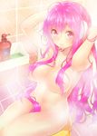  absurdres ahoge bath bathing bottle breasts convenient_censoring hair_censor highres katoma large_breasts long_hair looking_at_viewer navel nude pink_hair rasis red_eyes smile soap_bottle soap_bubbles sound_voltex tile_floor tile_wall tiles water 