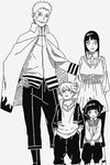  2boys 2girls ahoge black_&amp;_white cape family hand_on_hip hands_in_pockets hyuuga_hinata kishimoto_masashi looking_at_viewer multiple_boys multiple_girls naruto official_art uzumaki_boruto uzumaki_himawari uzumaki_naruto whiskers 