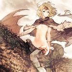  blonde_hair boots bottomless breasts cape cristian_penas dragon elf groin naked_cloak navel original pointy_ears riding saddle short_hair sketch small_breasts solo_focus thigh_boots thighhighs underboob unfinished 