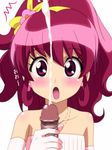  1girl aino_megumi bare_shoulders blush censored cum ejaculation elbow_gloves gloves hair_ornament handjob happinesscharge_precure! hetero highres kh-fullhouse long_hair mosaic_censoring open_mouth penis ponytail pov precure purple_eyes purple_hair 