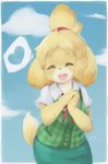  &lt;3 animal_crossing anthro black_nose canine clothed clothing cute dog eyelashes eyes_closed female fur hair isabelle_(animal_crossing) loliswitch mammal nintendo outside sky smile solo video_games yellow_fur 