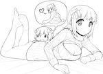  amami_haruka ass barefoot bow cleavage_cutout feet greyscale hair_bow hidebou idolmaster idolmaster_(classic) looking_at_viewer lying meme_attire minigirl monochrome multiple_girls naked_sweater nonowa on_stomach open-chest_sweater oversized_clothes ribbed_sweater short_hair soles sweater thought_bubble toes wardrobe_error you're_doing_it_wrong 