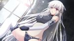  1girl artist_request bra braid character_request colored_eyelashes dressing elbow_gloves eushully fingerless_gloves game_cg gloves indoors kami_no_rhapsody mistoria panties red_eyes silver_hair solo source_request sports_bra thighhighs underwear yakuri 