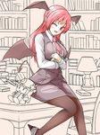  asagaya bad_id bad_pixiv_id bat_wings black_legwear blouse breasts character_doll demon_tail demon_wings desk dress_shirt head_wings high_heels koakuma large_breasts library long_hair looking_at_viewer miniskirt object_hug objectification on_desk one_eye_closed pantyhose patchouli_knowledge pointy_ears red_eyes red_hair shirt sitting sitting_on_desk skirt skirt_set solo tail touhou vest white_blouse wings 