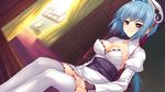  1girl bed blue_hair blush breasts chouun cleavage curtains door female game_cg highres hikage_eiji katagiri_hinata koihime_musou large_breasts legs looking_at_viewer pink_eyes short_hair sitting smile solo thighs white_legwear 