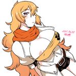  areola_slip areolae belt bike_shorts blush breasts cleavage covered_nipples dated dress groin large_breasts long_hair navel pale_skin puffy_short_sleeves puffy_sleeves purple_eyes rwby scarf short_dress short_sleeves signature simple_background solo tsukudani_(coke-buta) white_background yang_xiao_long 