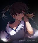  adjusting_clothes adjusting_gloves arrow biting brown_hair collarbone fingerless_gloves glove_biting gloves highres japanese_clothes kaga_(kantai_collection) kantai_collection md5_mismatch ponytail profile short_hair side_ponytail sola7764 solo yellow_eyes 