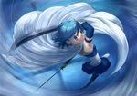  armband blue_eyes blue_hair cape gloves highres looking_back magical_girl mahou_shoujo_madoka_magica miki_sayaka short_hair smile solo sword weapon yukimura_kaname 