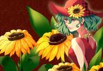  alternate_costume alternate_eye_color dress earrings flower green_hair hat hat_flower jewelry kazami_yuuka leaf looking_at_viewer looking_back necklace parted_lips red_background short_hair sleeveless sleeveless_dress smile solo sunflower touhou yayoi_(su_misheng) yellow_eyes 