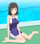  barefoot black_hair bodysuit breasts brown_eyes competition_swimsuit highres large_breasts long_legs one-piece_swimsuit pool poolside short_hair sitting smile_(rz) solo swimsuit takitsubo_rikou to_aru_kagaku_no_railgun to_aru_majutsu_no_index wariza water 