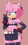  amy_rose anthro biggysix breasts cleavage clothed clothing female green_eyes hedgehog mammal pink_skin small_breasts solo sonic_(series) v_sign video_games 
