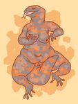  anthro belly breasts eyes_closed feet female forked_tongue gila_monster grey_scales lizard lying navel nipples nude on_back orange_background orange_scales overweight plain_background pussy qorm reptile scalie solo spread_legs spreading tail_between_legs tongue tongue_out 