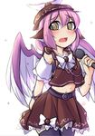  animal_ears belt bird_wings blush bra brown_eyes d: detached_sleeves flying_sweatdrops fun_bo hat idol looking_at_viewer microphone midriff mystia_lorelei nervous open_mouth pink_hair shirt short_hair skirt sleeveless sleeveless_shirt solo sweat thighhighs touhou underwear winged_hat wings zettai_ryouiki 