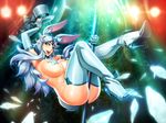  2014 abstract_background animal_ears big_breasts blue_eyes breasts butt clothing dancing elbow_gloves female gloves hair hat human legwear long_hair looking_at_viewer mammal open_mouth pole pole_dancing reiq solo sponty thigh_highs top_hat white_hair 