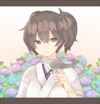  akagashi_hagane animal bird bird_on_hand brown_eyes brown_hair flower kaga_(kantai_collection) kantai_collection short_hair side_ponytail smile solo upper_body 