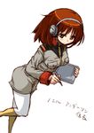  breasts brown_eyes brown_hair female gundam gundam_lost_war_chronicles headset hirowa_nagi military_uniform noel_anderson pen solo uniform white_background 