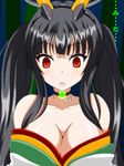  :o bare_shoulders black_hair breasts choker cleavage empty_eyes hair_over_breasts headgear highres japanese_clothes kaguya_(queen's_blade) large_breasts long_hair mind_control pov queen's_blade queen's_blade_grimoire red_eyes suzumori_kuroku translation_request twintails 