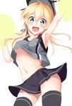  anchor_hair_ornament aqua_eyes armpits black_skirt blonde_hair blush breasts cheerleader grey_legwear hair_ornament hat igakusei kantai_collection long_hair looking_at_viewer medium_breasts midriff no_bra open_mouth peaked_cap pleated_skirt pom_poms prinz_eugen_(kantai_collection) shirt_lift skirt solo thighhighs twintails underboob white_background 