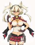  between_breasts blonde_hair breasts budget_sarashi collarbone cowboy_shot fingerless_gloves glasses gloves hand_on_hip headgear highres kantai_collection large_breasts light_smile looking_at_viewer midriff miniskirt musashi_(kantai_collection) navel pleated_skirt pointy_hair red_eyes sarashi semi-rimless_eyewear short_hair skirt solo takitsubo thighhighs two_side_up under-rim_eyewear white_background zettai_ryouiki 