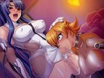  2girls areolae blonde_hair blue_eyes blue_hair blush breasts censored deepthroat erect_nipples fellatio fishnets futa_with_female futanari hand_on_another's_head hand_on_head huge_breasts igawa_sakura kagami_hirotaka makeup mosaic_censoring multiple_girls nipples open_mouth oral panties penis ponytail red_eyes saliva see-through sweat taimanin_asagi taimanin_asagi_battle_arena tongue_out underwear yatsu_murasaki 