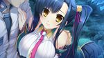  1girl bare_shoulders blue_hair blush breasts erect_nipples game_cg grass highres hikage_eiji huge_breasts kan&#039;u kan'u katagiri_hinata koihime_musou long_hair looking_at_viewer necktie side_ponytail sitting skirt smile solo_focus yellow_eyes 