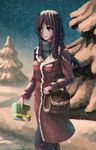  bag box coat cowboy_shot gift gift_box hair_over_one_eye ikezawa_hanako katawa_shoujo long_hair purple_eyes purple_hair raiine_rand satchel scar smile snow snowing solo sweater turtleneck winter winter_clothes winter_coat 