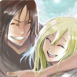  bump_(silk0423) christa_renz clenched_teeth closed_eyes freckles grin laughing lowres multiple_girls oekaki shingeki_no_kyojin smile teeth ymir_(shingeki_no_kyojin) 