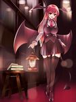  asagaya bad_id bad_pixiv_id bat_wings black_legwear blouse blush breasts demon_tail demon_wings dress_shirt earrings garter_straps head_wings high_heels jewelry koakuma lantern large_breasts library long_hair looking_at_viewer miniskirt pleated_skirt red_eyes red_hair shirt skirt skirt_set solo tail thighhighs touhou vest white_blouse wings zettai_ryouiki 